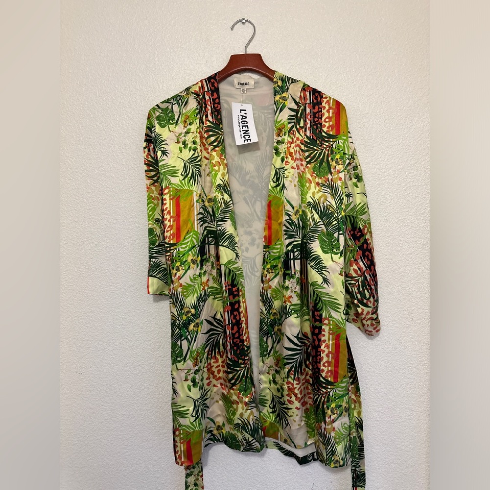 L’AGENCE Tropical Print Tie Front Kimono XS Silk